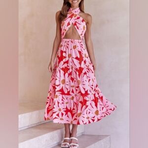 Pink Floral Wrap Halter Dress